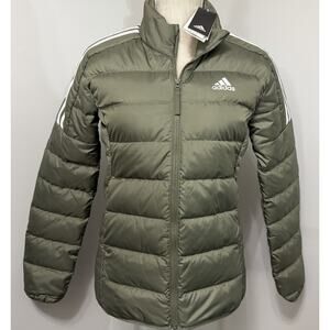 NEW adidas Women's Olive/White Essential 3-Stripe Light Down Jacket Coat Size XS